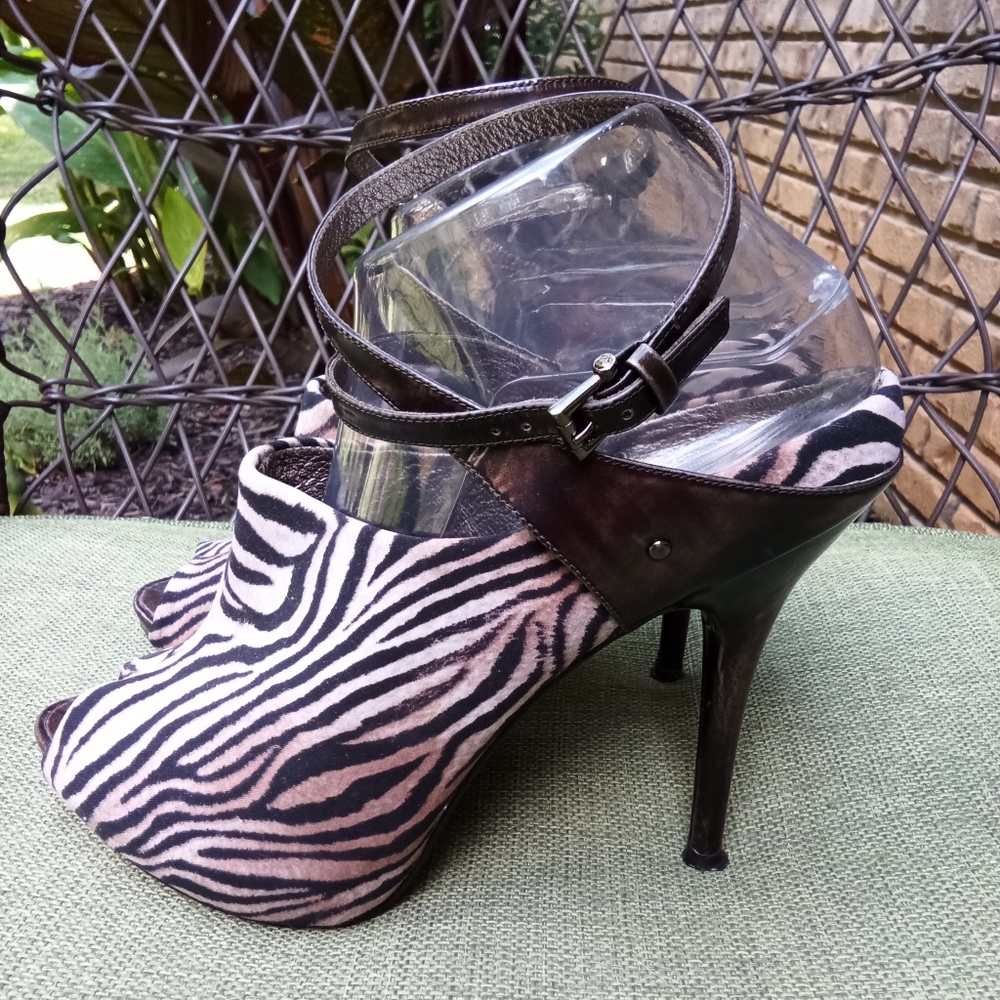 Marciano ‘Tamina’ Zebra Print Mobwife Peep Toe Leather Heels.